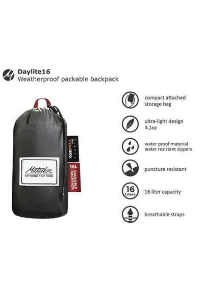 he Daylite16 features two water resistant zipper compartments and 2 side pockets.  Interior 16 liter capacity.